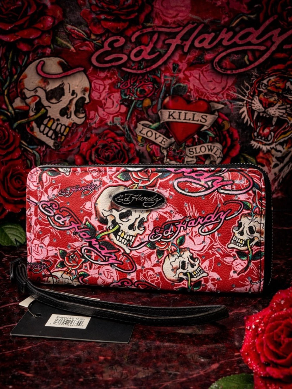 Ed Hardy Red Skull & Rose Zip-Around Wristlet Wallet